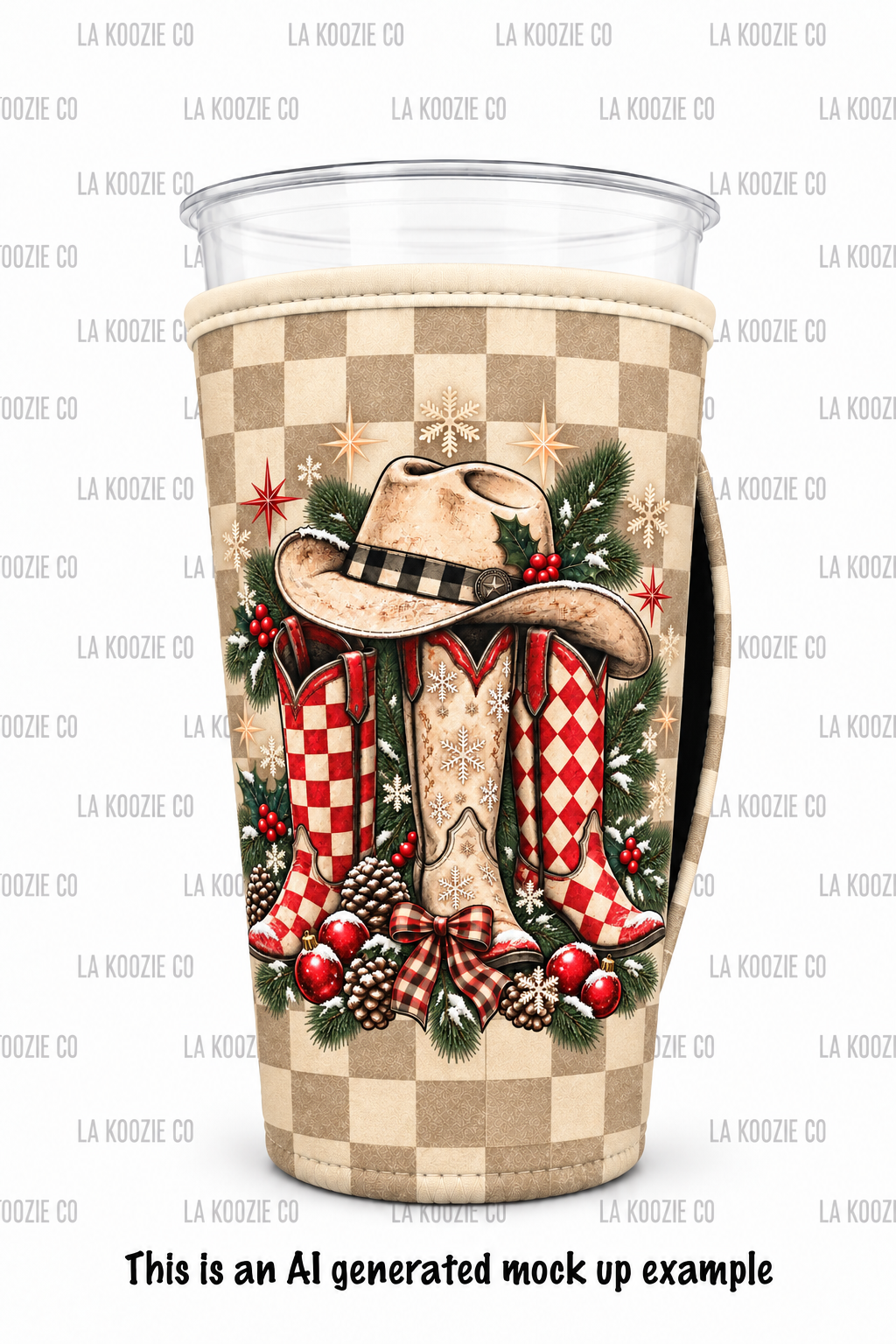 (LATE NOVEMBER PRE-ORDER) Christmas-Neutral Checker Cowgirl with handle red bow (TALL ONLY)