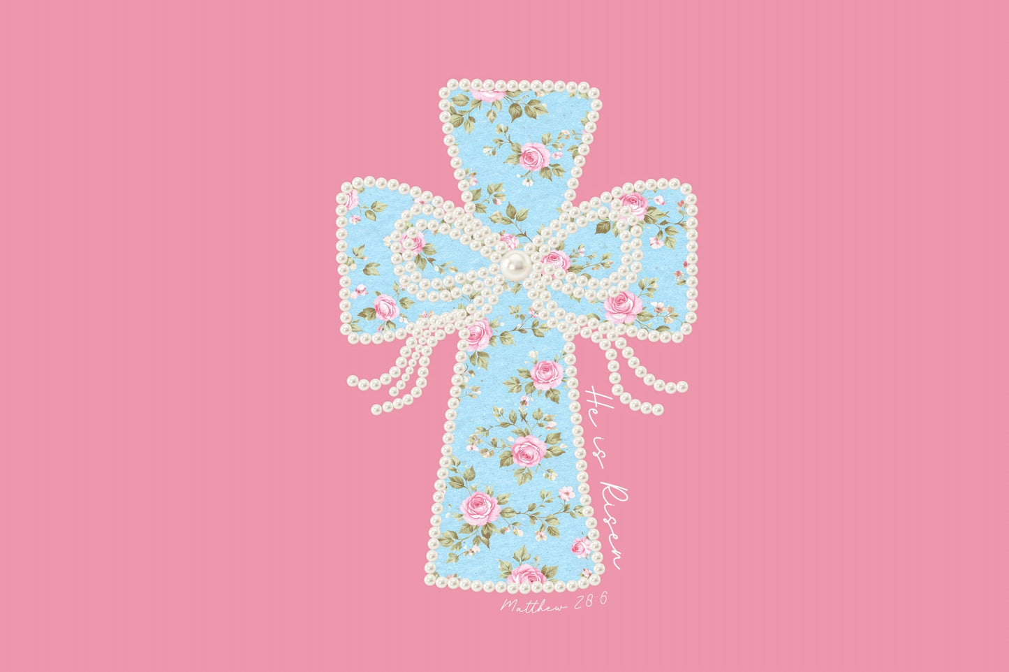 Blue Cross with Pink Roses & Pearl Bow