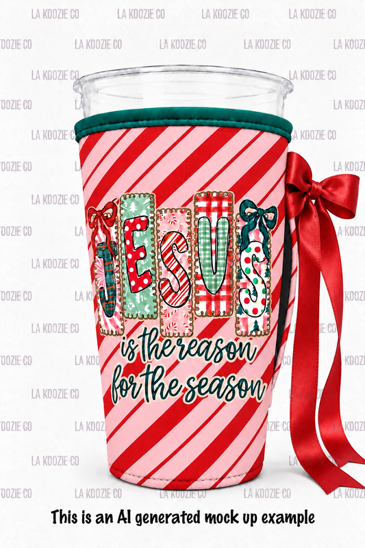 (LATE NOVEMBER PRE-ORDER) Christmas-JESUS Pink Candy Cane Stripes with handle red bow (TALL ONLY)
