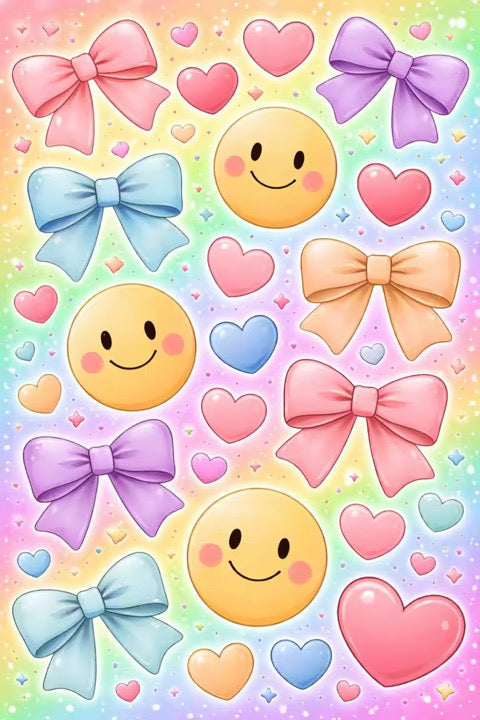 Rainbow Smiley Faces, hearts & Bows