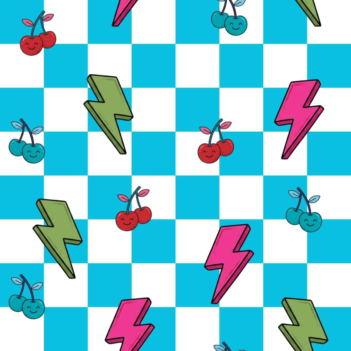 Retro Aqua Checker Lightening Boltz & Cherries hot pink, green