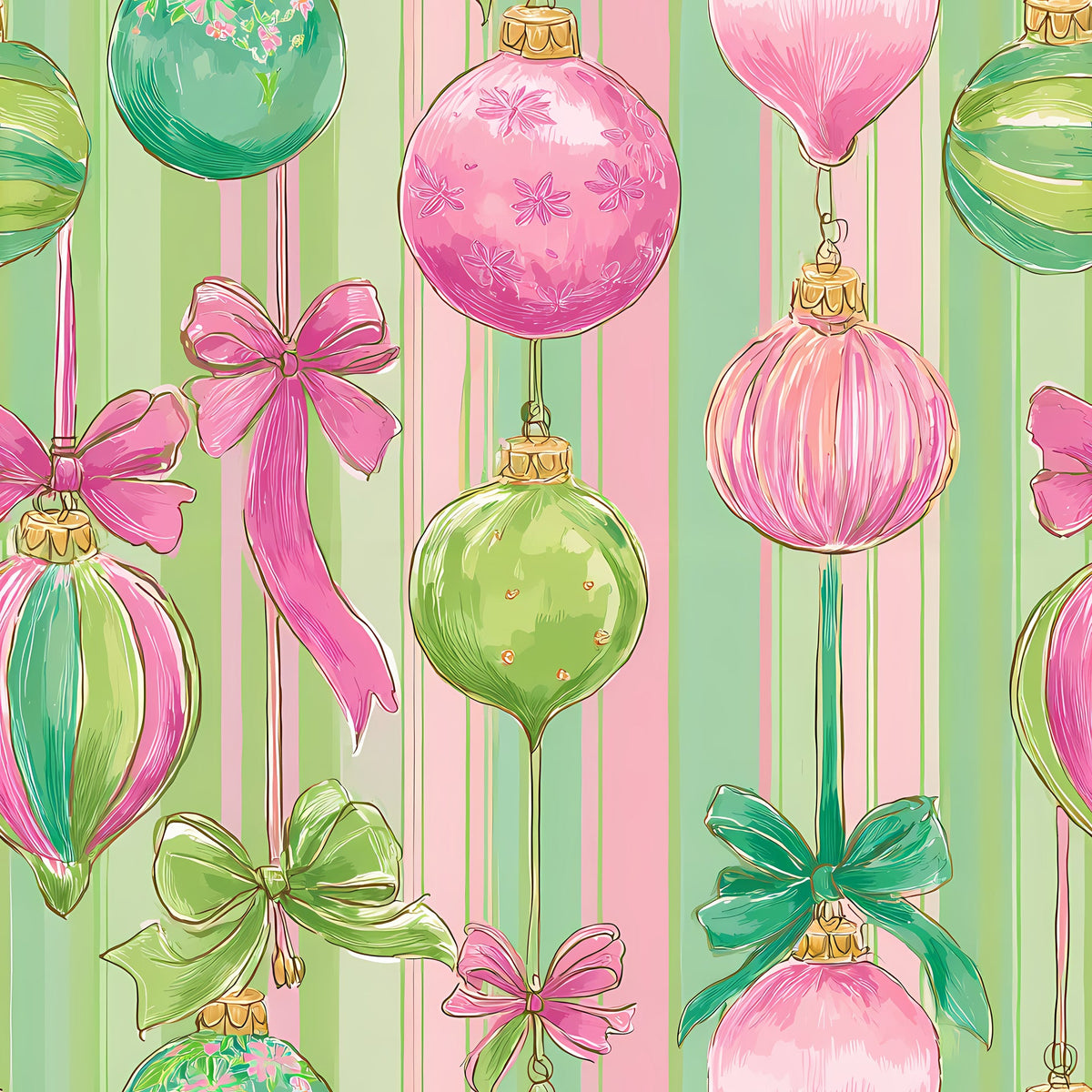 (MID OCTOBER PRE-ORDER) Christmas-Green & Pink Stripes Ornaments (TALL ONLY)