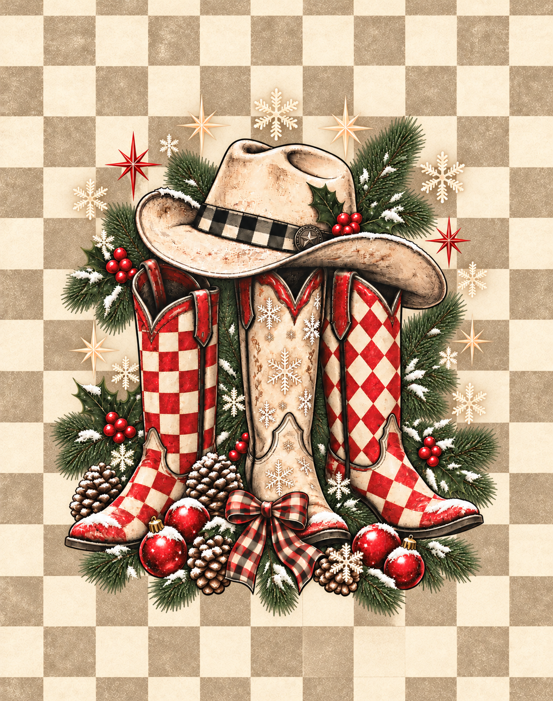 (LATE NOVEMBER PRE-ORDER) Christmas-Neutral Checker Cowgirl ( TALL ONLY)