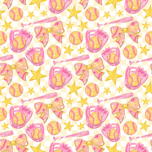 (MID JUNE PRE-ORDER)  Pink & Yellow Softball Stars & Bows  (TALL ONLY)