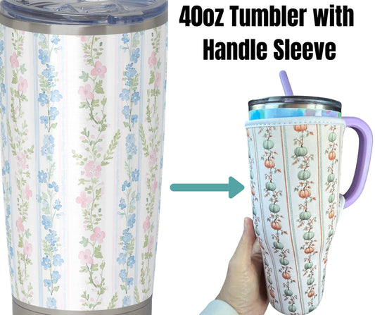 40oz Tumbler with Handle - Blue and Pink Flowers Vintage Stripes