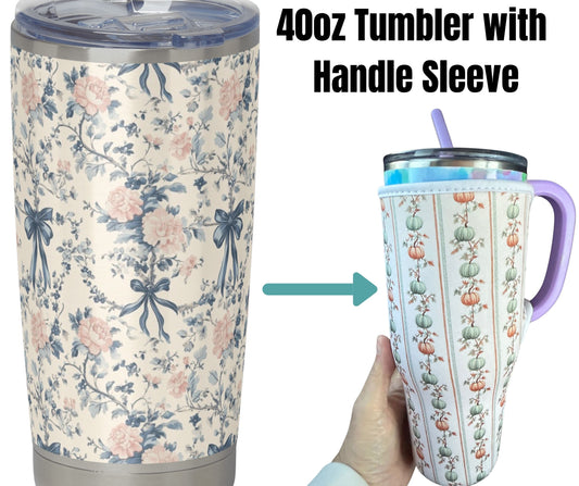 40oz Tumbler with Handle Navy Bows & Pink Roses