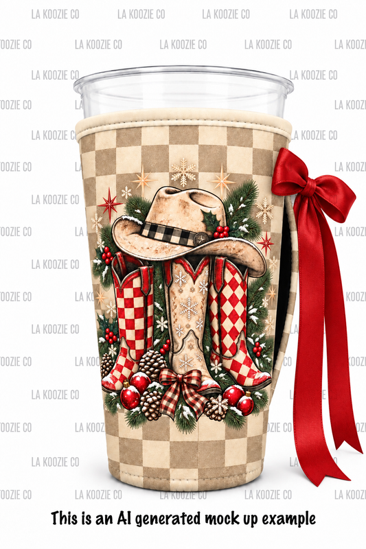 (LATE NOVEMBER PRE-ORDER) Christmas-Neutral Checker Cowgirl with handle red bow (TALL ONLY)