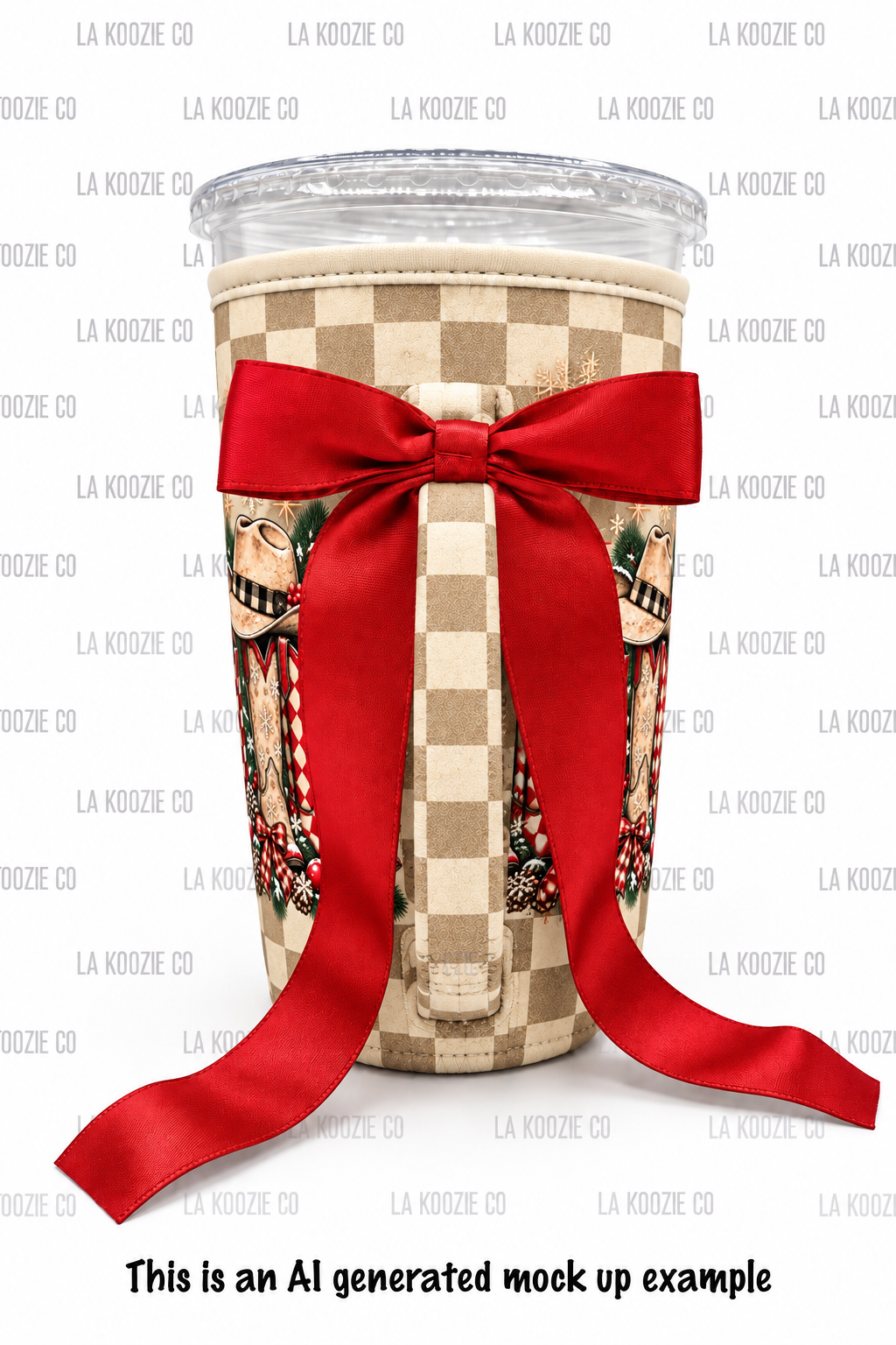 (LATE NOVEMBER PRE-ORDER) Christmas-Neutral Checker Cowgirl with handle red bow (TALL ONLY)