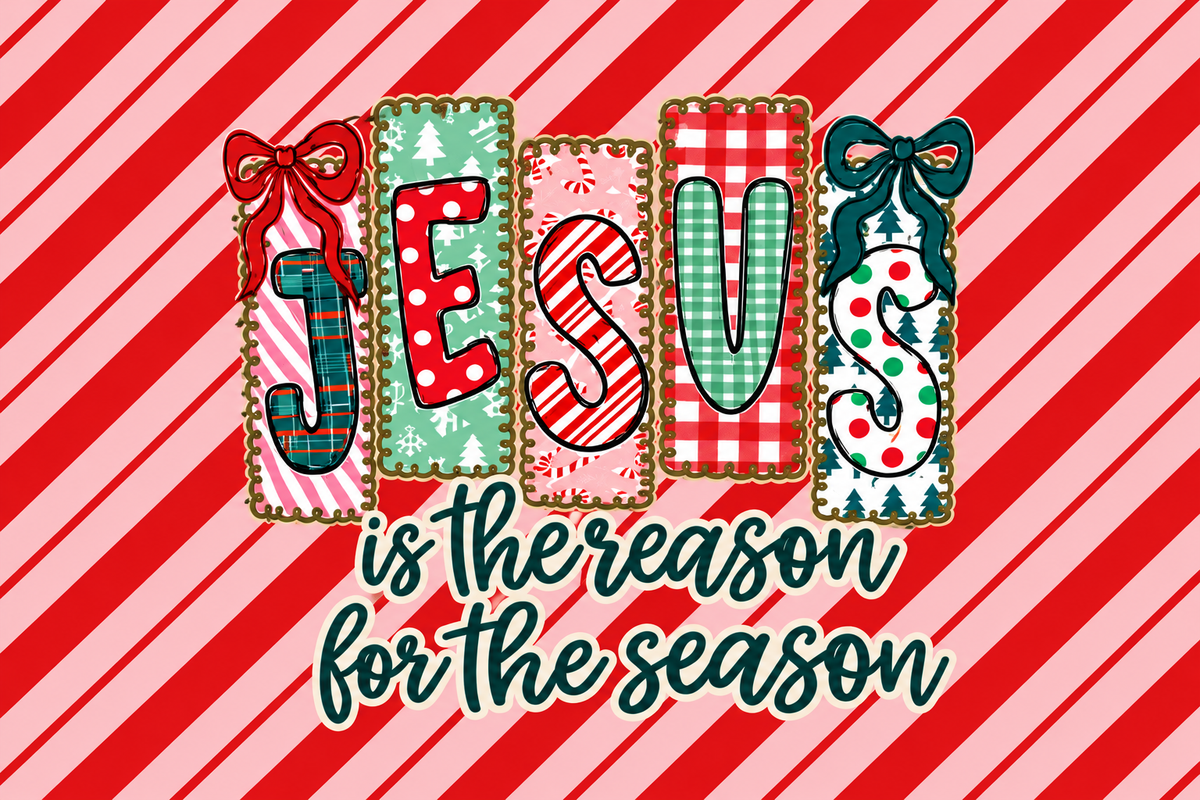(LATE NOVEMBER PRE-ORDER) Christmas-JESUS Pink Candy Cane Stripes with handle red bow (TALL ONLY)